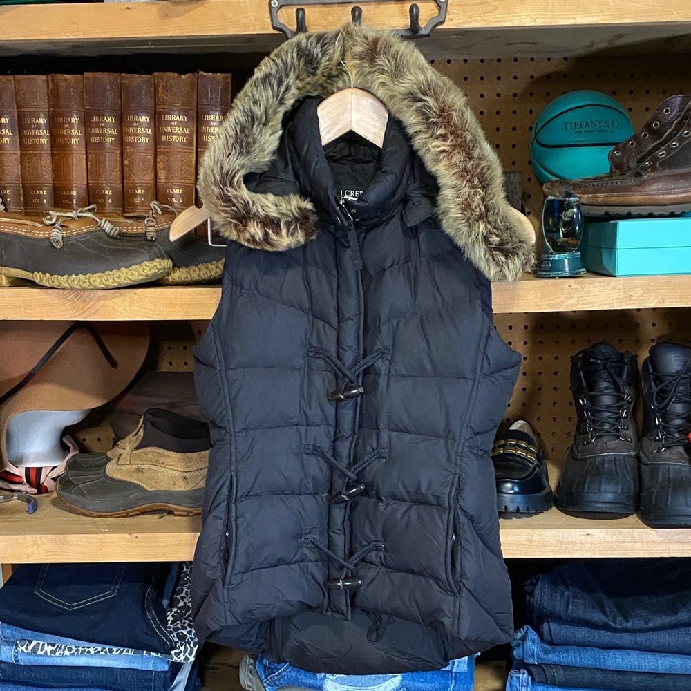 J.Crew Women’s Down Toggle Puffer Vest XS Black Removable Hood & Shearling Trim